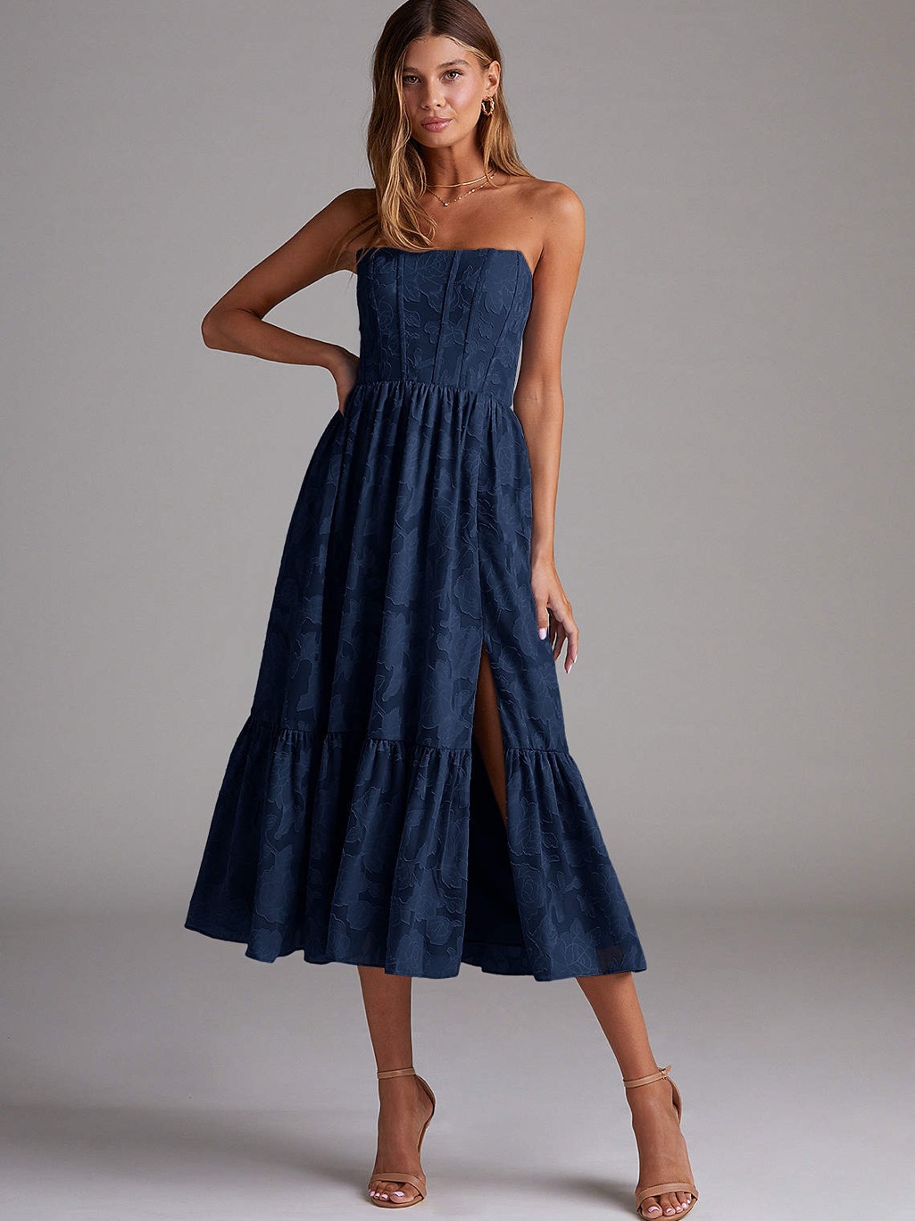 Nwt Azazie Delphina Dark Navy A-Line Strapless Floral Burnout Convertible Dress